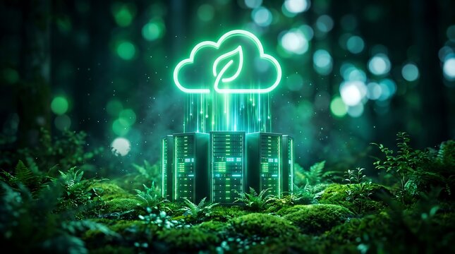 Green cloud computing servers in lush forest, symbolizing sustainable technology and eco-friendly data solutions for modern business growth