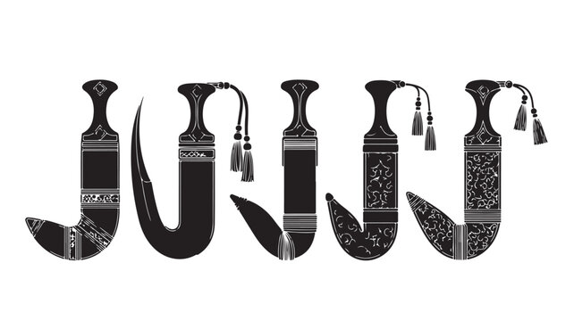 Traditional Arabic Janbiya daggers set, ornate Yemeni curved knives with decorative sheaths, 5 black and white Middle Eastern khanjar vector icons