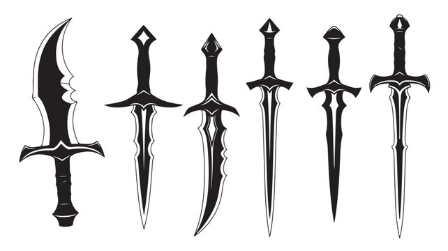 Fantasy dagger and sword silhouettes, set of 6 medieval blade icons, black steel weapon vector illustrations for gaming and tattoo design