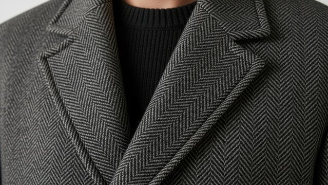 Macro view of grey herringbone pattern on classic wool overcoat lapel.