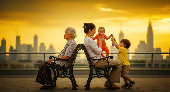 Multi-generational family sitting on park benches against a city skyline at sunset. Grandmother, mother, and children in golden hour light. Ideal for family legacy and social care marketing.