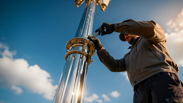 Technician in workwear repairing a metallic street lamp pole outdoors. Maintenance worker using tools on a chrome flange under a blue sky. Infrastructure repair concept for city utility marketing.