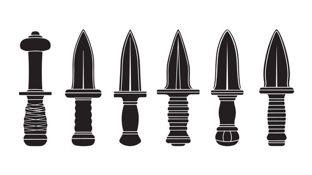 Tactical combat dagger silhouettes, set of 6 military knife vector icons, black steel blade weapon collection for gaming and security design