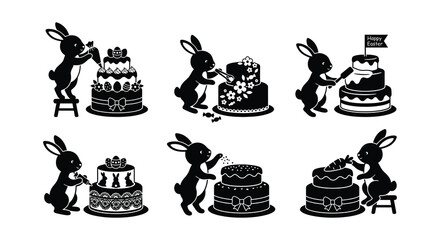 Rabbits Decorating Cakes Black And White Vector Illustration Set © Begum