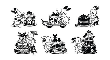 Rabbits Decorating Cakes Black And White Vector Illustration Set © Begum