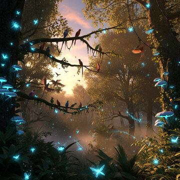 Magical Enchanted Forest at Sunset with Glowing Mushrooms Bioluminescent Butterflies and Colorful Tropical Birds Perched on Tree Branches