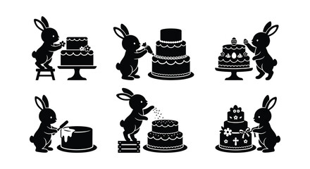 Rabbits Decorating Cakes Black And White Vector Illustration Set © Begum