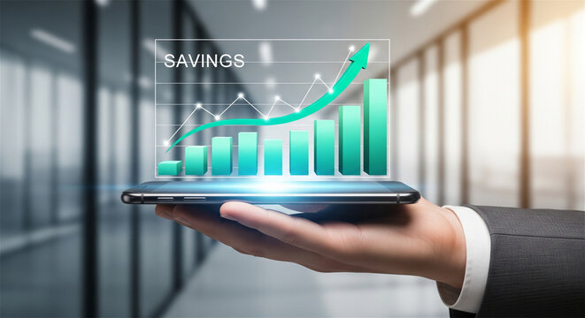Financial savings growth chart on digital tablet, businessman holding glowing investment data, profitable business success and wealth management