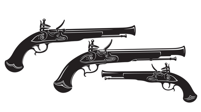 Vintage flintlock pistol vector set, antique pirate handguns with ornate details, black and white historical firearm illustrations for graphic design