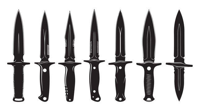 Tactical combat knife collection, black military daggers and survival blades, 7 vector icons of sharp steel hunting knives for outdoor gear design