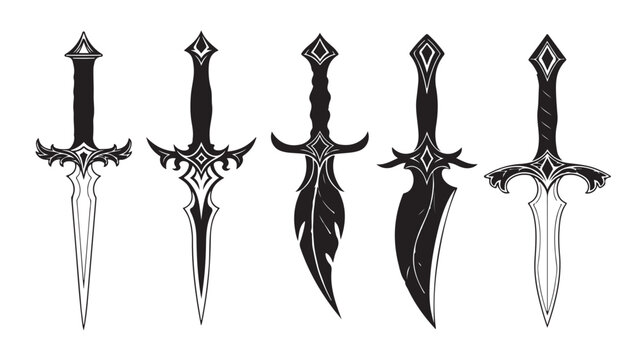 Fantasy dagger vector set, medieval blade weapon collection, black and white ornate sword icons, 5 sharp steel knife illustrations