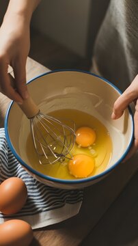 Manos batiendo huevos crudos con varillas de cocina en un bol cer&aacute;mico, preparaci&oacute;n de receta de reposter&iacute;a casera