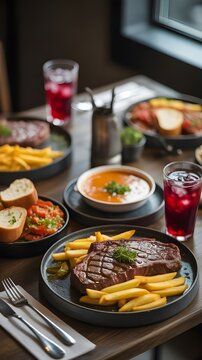 Filete de carne a la parrilla con patatas fritas en una mesa de restaurante llena de comida