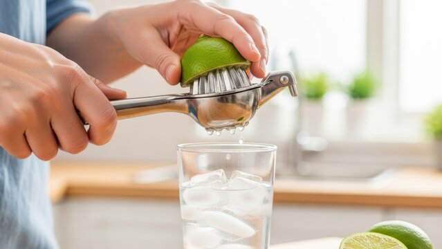 Hands using metal citrus squeezer to extract lime juice into glass.