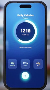 Vertical video. Cinematic Close Up of Smartphone With Calorie Tracking Application While Refrigerator Doors Open in Background, Healthy Eating and Nutrition Monitoring