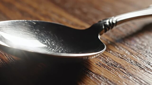 Closeup of silver spoon on wood.