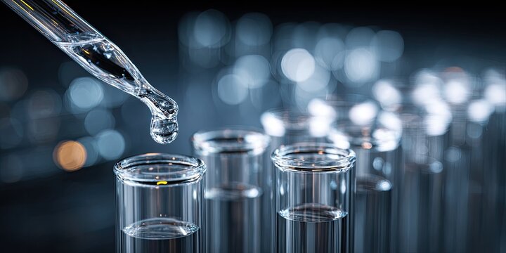 A pipette dispenses liquid into a row of scientific test tubes