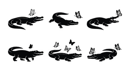 Crocodile And Butterflies Silhouette Vector Illustration On White Background © Begum