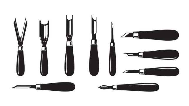 Vintage wood carving tools set, professional woodworking chisels and gouges, black and white carpentry equipment vector illustration
