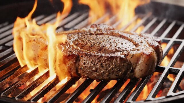 Thick cut ribeye steak grilling on an open flame barbecue with char marks and smoke