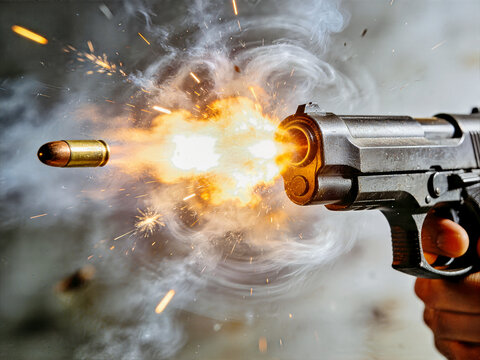 Semi Automatic Pistol Firing with Muzzle Flash and Bullet in Motion