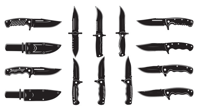Tactical combat knife silhouettes, set of 12 hunting and survival knives, black military blade icons for outdoor adventure and security equipment
