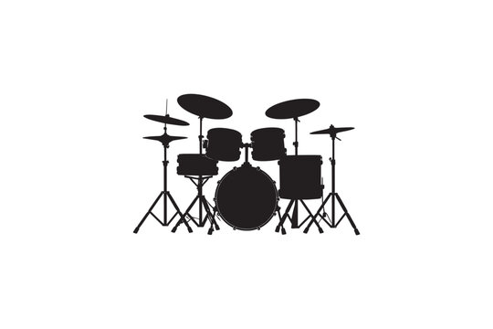 Black silhouette of drum set featuring kick drum snare tom toms and various cymbals on white background isolated percussion musical instrument icon graphic.