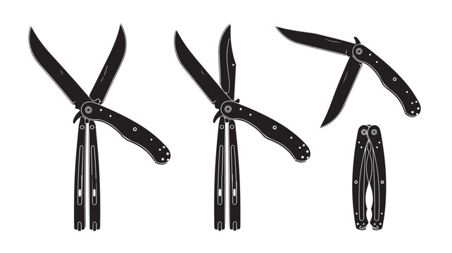 Black butterfly knife silhouette vector set, folding pocket knife icons in various opening positions, tactical balisong blade collection