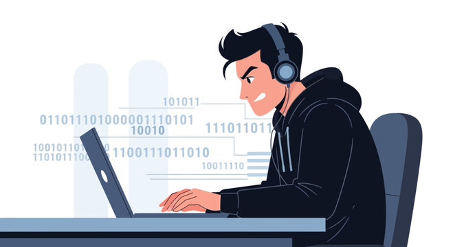 Young Man Hacker Typing on Laptop with Headphones and Binary Code Background