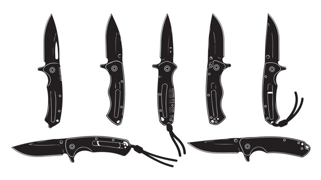 Tactical folding knife silhouette set, 7 black pocket knife vector icons, survival and hunting blade collection for outdoor gear design