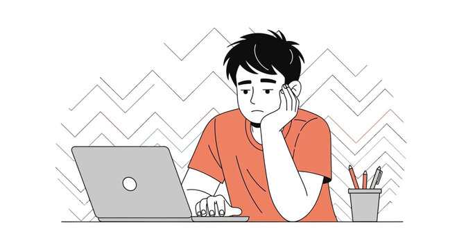 Young man looking bored and unmotivated while working on a laptop, minimalist illustration with clean lines and flat design elements.