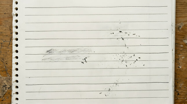 Pencil graphite marks and eraser shavings on lined paper