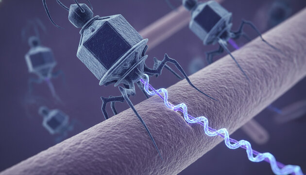 Microscopic 3D rendering of Bacteriophage virus attacking bacterium cell
