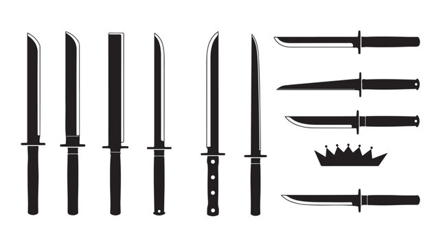 Japanese Tanto Knife Silhouettes, Set of 10 Traditional Samurai Daggers and Blades, Black and White Vector Icons for Martial Arts and History