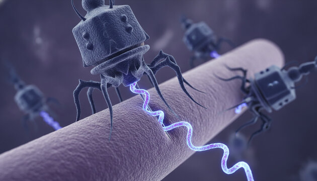 Microscopic 3D rendering of Bacteriophage virus attacking bacterium cell