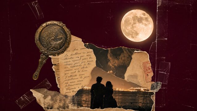 Nostalgic vintage darkroom photo collage of a couple silhouette inside a polaroid frame with a love letter.