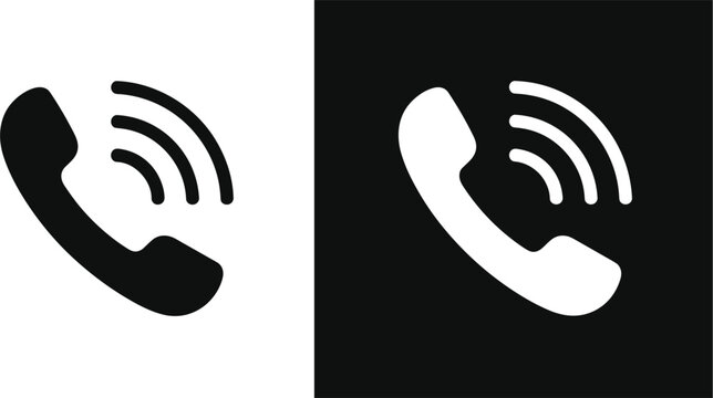 Black and white phone receiver icons with sound waves call communication