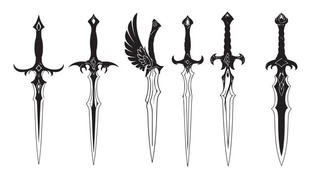 Fantasy dagger vector set, medieval sword and blade silhouettes, 6 ornate gothic knife illustrations for gaming and tattoo design