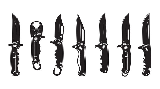 Tactical folding knives collection, black silhouette pocket knife set of 7 vector icons, survival and outdoor camping gear equipment