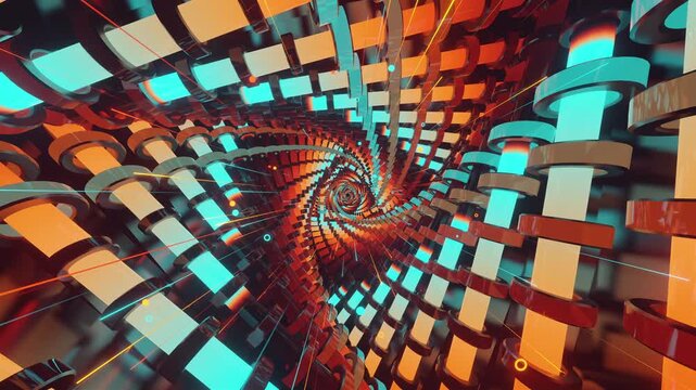VJ loop of a futuristic cyber tunnel. Abstract vortex made of twisting mechanical structures and glowing segments, for electronic music festivals, club visuals, stage screens and for LED video walls
