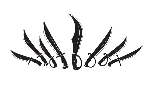Vintage pirate sword collection, black silhouette of 8 antique cutlass and saber blades, nautical weapon vector set for gaming and logos