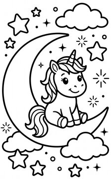Cute Cartoon Unicorns sit in a moon isolated on white background coloring page