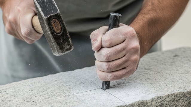 Hands using heavy hammer and steel chisel on solid granite block.