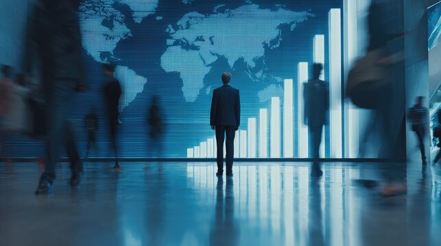 Man in suit looks at digital world map and glowing business growth charts