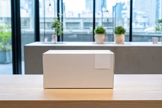 Plain white shipping box sits on wooden table in bright, modern office space