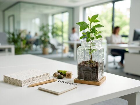 Sustainable Business Growth Concept with Small Green Plant Growing in a Building Shaped Glass Jar on Modern Office Desk