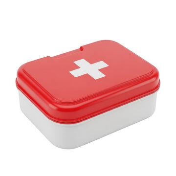 Red and white first aid box with cross icon isolated on transparent background