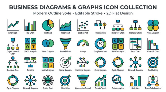 Business Diagrams and Graphs Icon Collection: Modern Outline Style, Editable Stroke, 2D Flat Design