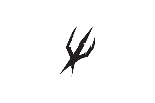 Black silhouette of a trident, sharp and angular design, isolated on a clean white background, digital art, abstract mythical weapon.