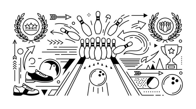 Bowling illustration, pins, ball, lane, sport icons